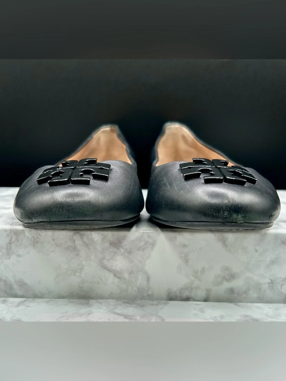 Tory Burch Black Leather Logo Ballet Flats
